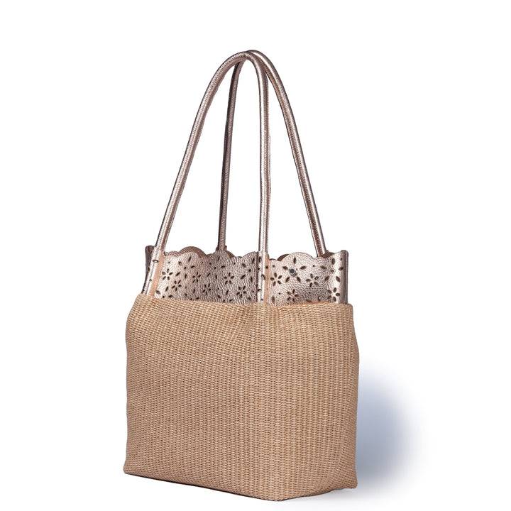 Roberta Gandolfi Diletta Shopping - Tote in rafia con balza in pelle laserata con tracolla staccabile Soddisfazione Garantita