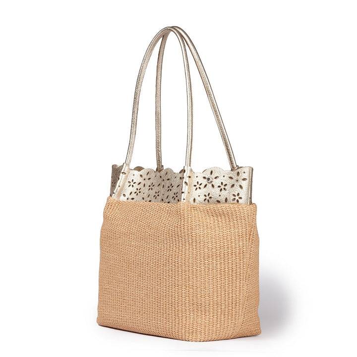 Roberta Gandolfi Diletta Shopping - Tote in rafia con balza in pelle laserata con tracolla staccabile Consegna Veloce