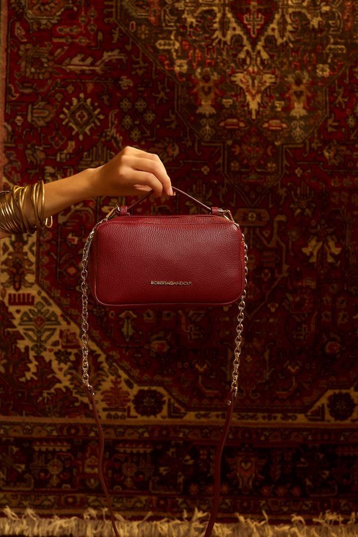 Roberta Gandolfi Brigida camera borsa in pelle con doppio scomparto e tracolla in catena dorata con spallaccio protettivo in pelle Nuovo