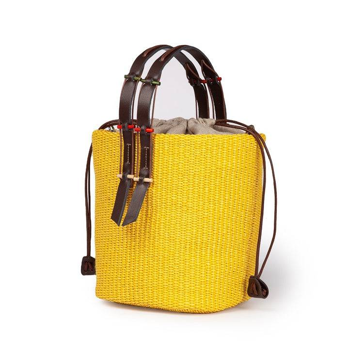 Roberta Gandolfi Fernanda Bucket in rafia con finiture in pelle di vitello con tracolla staccabile Prezzo Ridotto