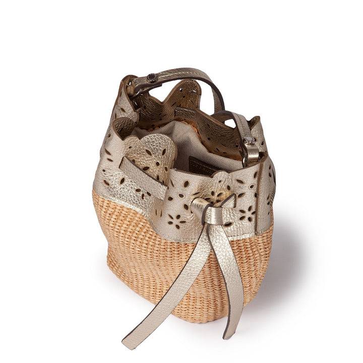 Roberta Gandolfi Diletta Mini Bucket in rafia con balza in pelle laserata con tracolla staccabile Acquista Ora